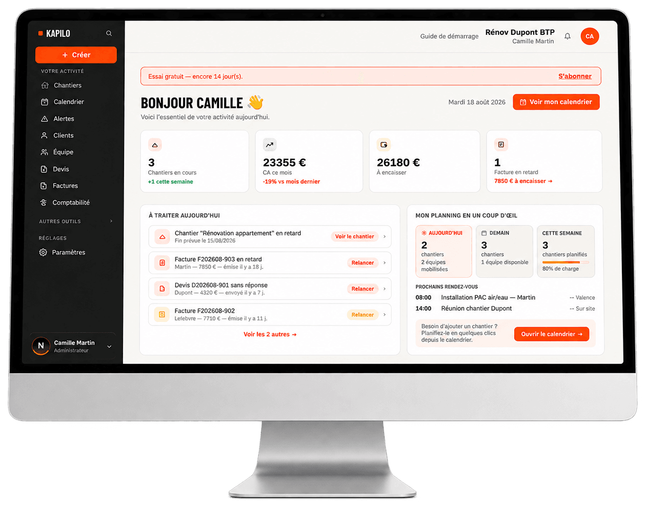 Le cockpit Kapilo affiché sur un écran : chantiers en cours, chiffre d'affaires du mois, alertes du jour et planning de la semaine en un coup d'œil.